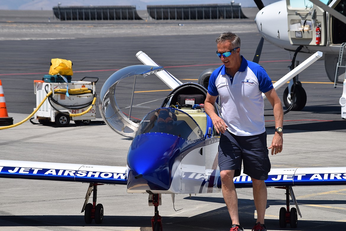 Stunt pilot Tom Larkin with his 500-pound mini jet, which has been described as a “scooter with a jet engine,” at the 2019 Moses Lake Air Show.