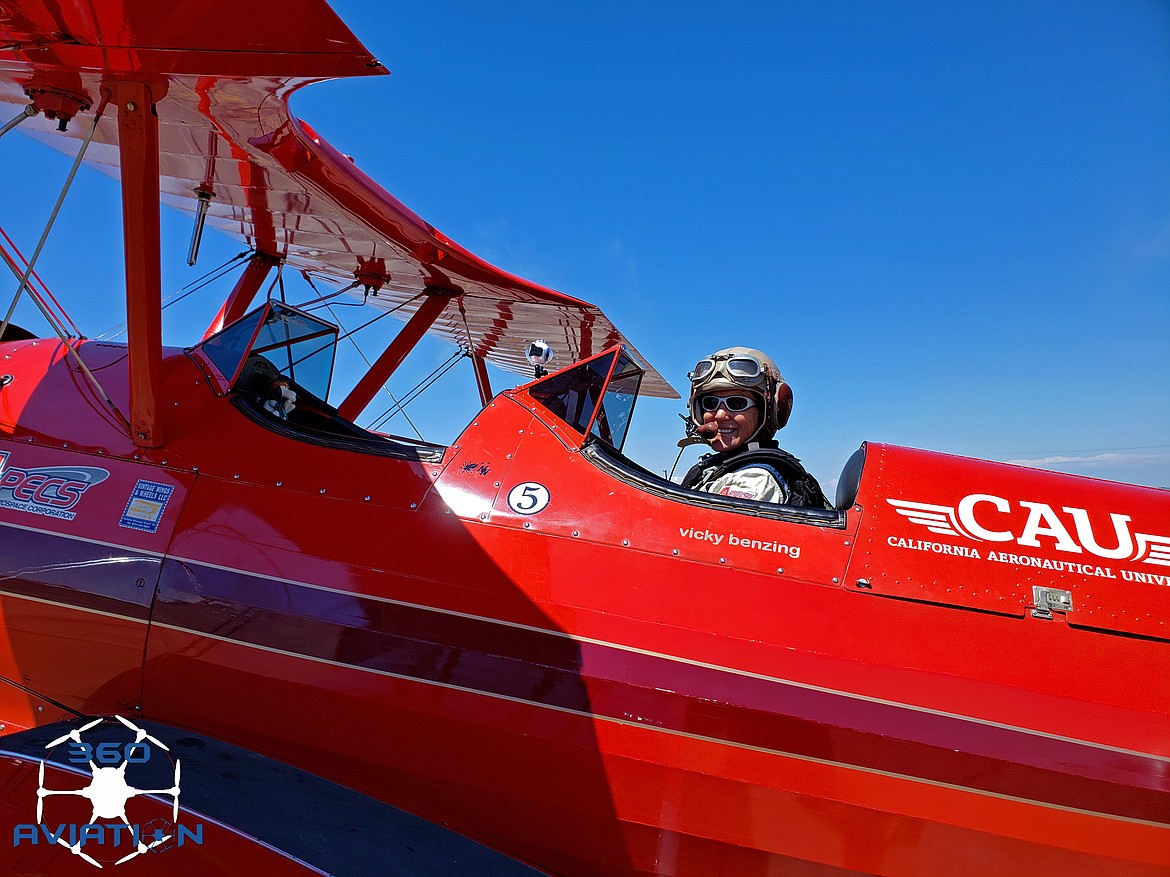 Stunt pilot Vicky Benzing in her 1940 Boeing Stearman at the 2019 Moses Lake Airshow.