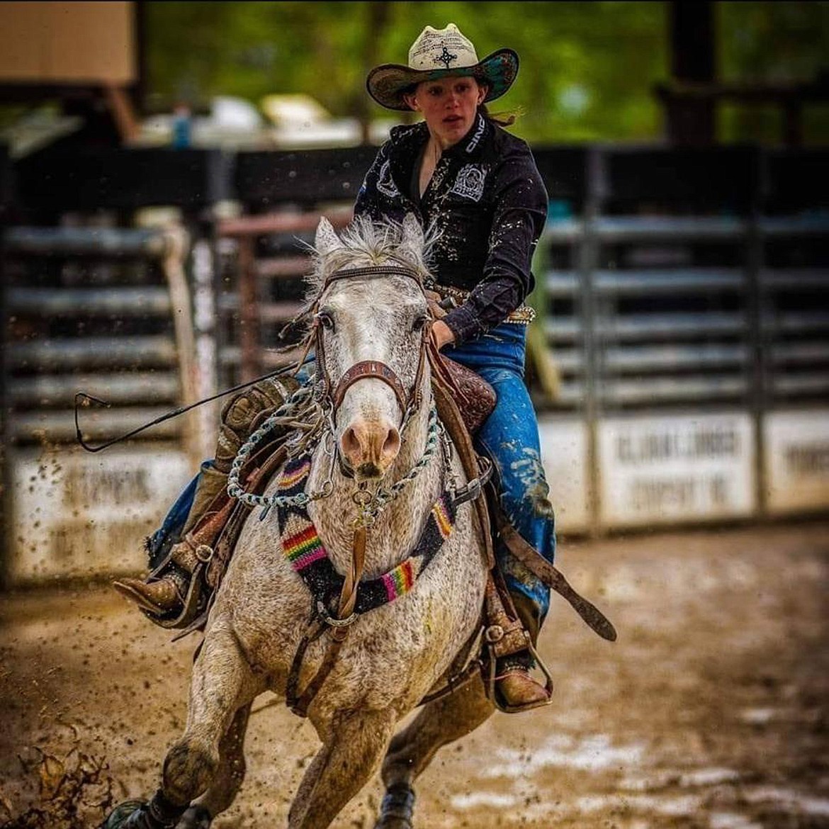 Charlo high schooler Morgan Shepard rides her horse Chilly in a rodeo. Morgan recently qualified for the 2020 National High School Finals Rodeo in the pole bending event. (Photo provided by Traci Shepard)