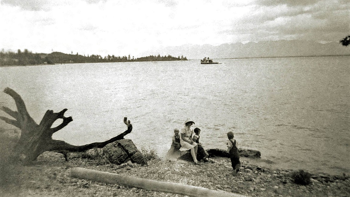The Turner family spends time together on the shore of Flathead Lake near Lakeside in the late 1930s. (Courtesy of Turner Treks and Tales / www.turnertreks.net)