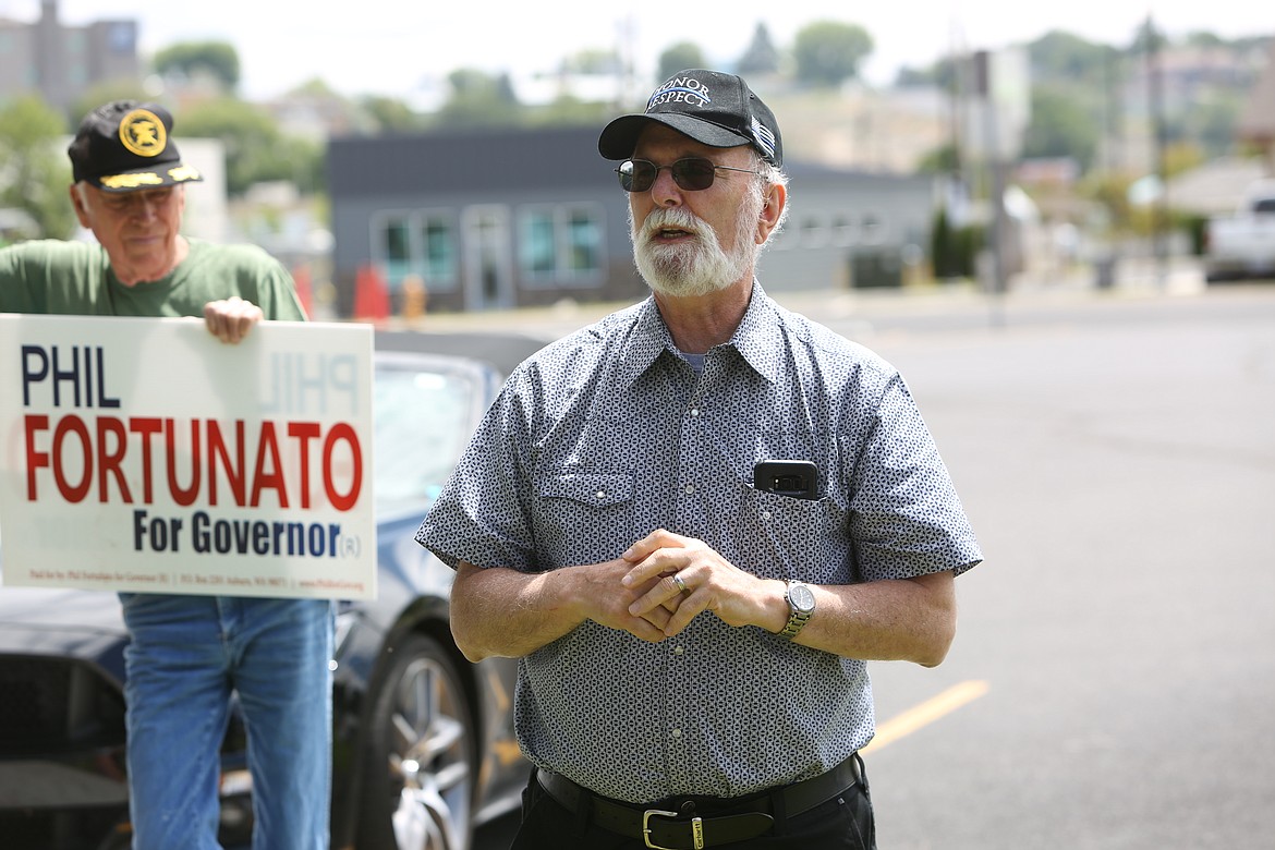 Emry Dinman/Columbia Basin Herald
Sen. Phil Fortunato, a Republican and candidate for governor, talked to a small crowd at Civic Park on Wednesday, the latest stop in his campaign to secure the Republican nomination in August and go on to face Gov. Jay Inslee in the general election.