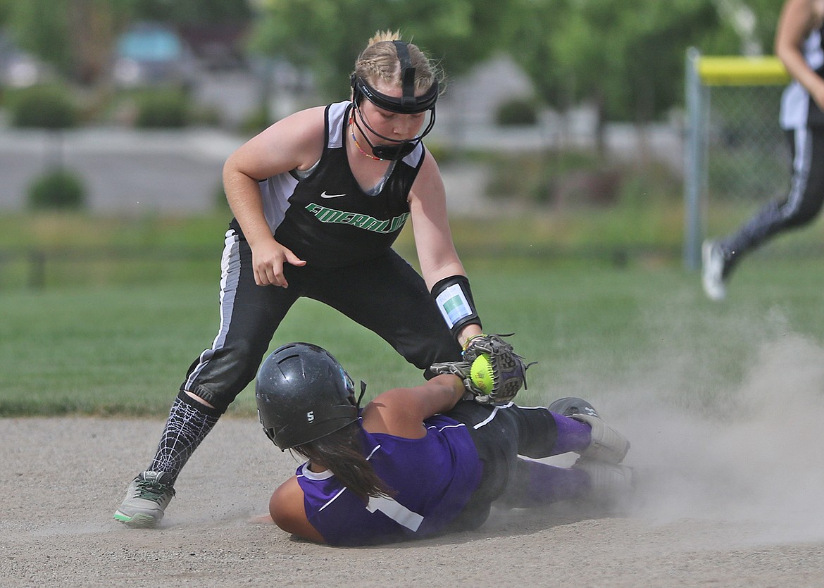 12U Polson Lady Pirate Christine Tenas steals during a game at the 2020 Emeralds Smash softball tournament in Kalispell June 26-28. (Bob Gunderson photo)