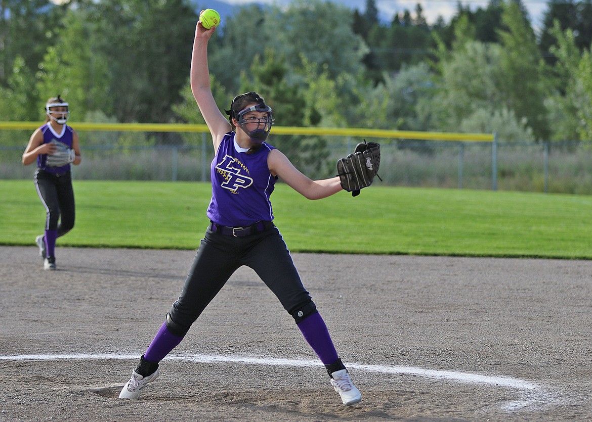 12U Polson Lady Pirate Isabo Fyant plays in the semifinal game at the 2020 Emeralds Smash softball tournament in Kalispell June 26-28. (Bob Gunderson photo)