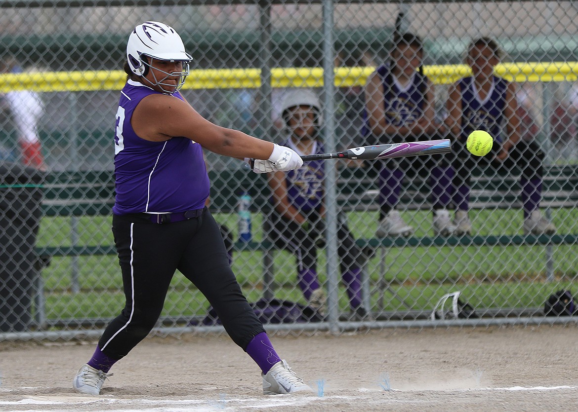 12U Polson Lady Pirate Nevaeh Arnoux doubles during a game at the 2020 Emeralds Smash softball tournament in Kalispell June 26-28. (Bob Gunderson photo)