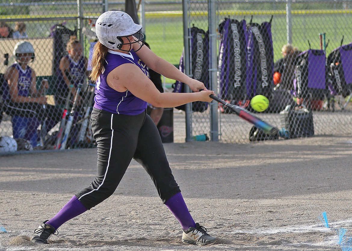 14U Polson Lady Pirate Avery Starr is at bat during a game at the 2020 Emeralds Smash softball tournament in Kalispell June 26-28. (Bob Gunderson photo)