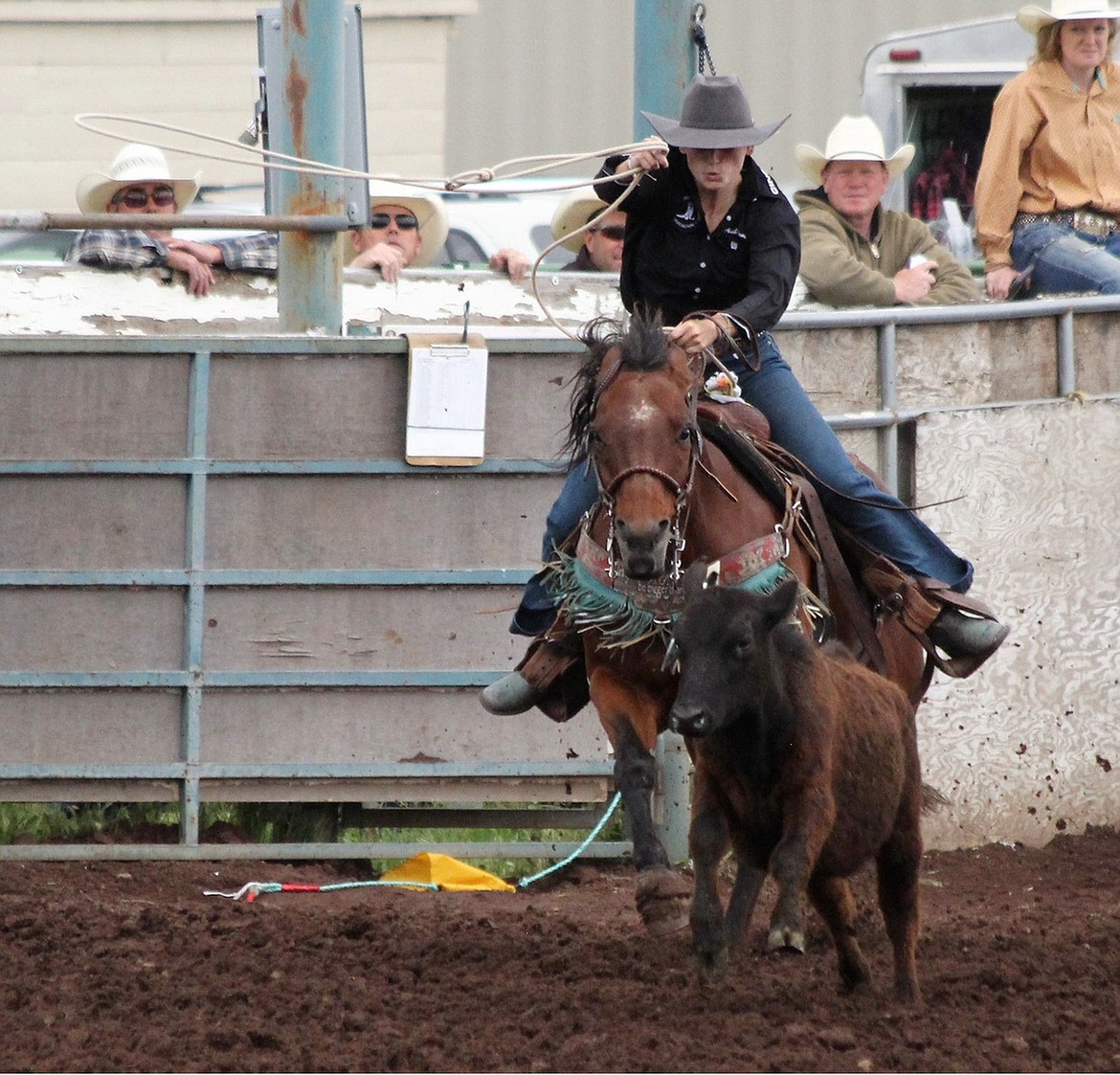 Aubree Skone eyes in her target during a roping event. Skone has been involved in rodeo competition since she started in junior high in Warden.