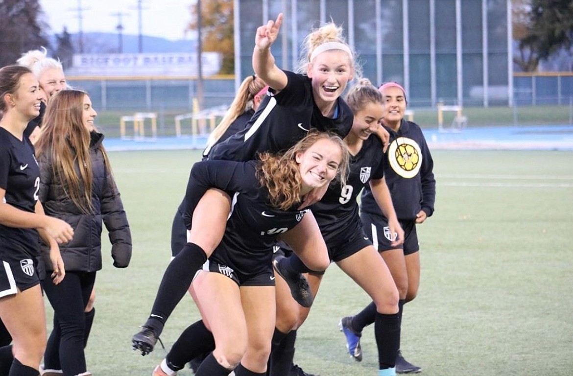 Aubree Skone celebrates with her Walla Walla Community College teammates, where she’s a member of both the soccer and rodeo teams as she heads into her sophomore season.