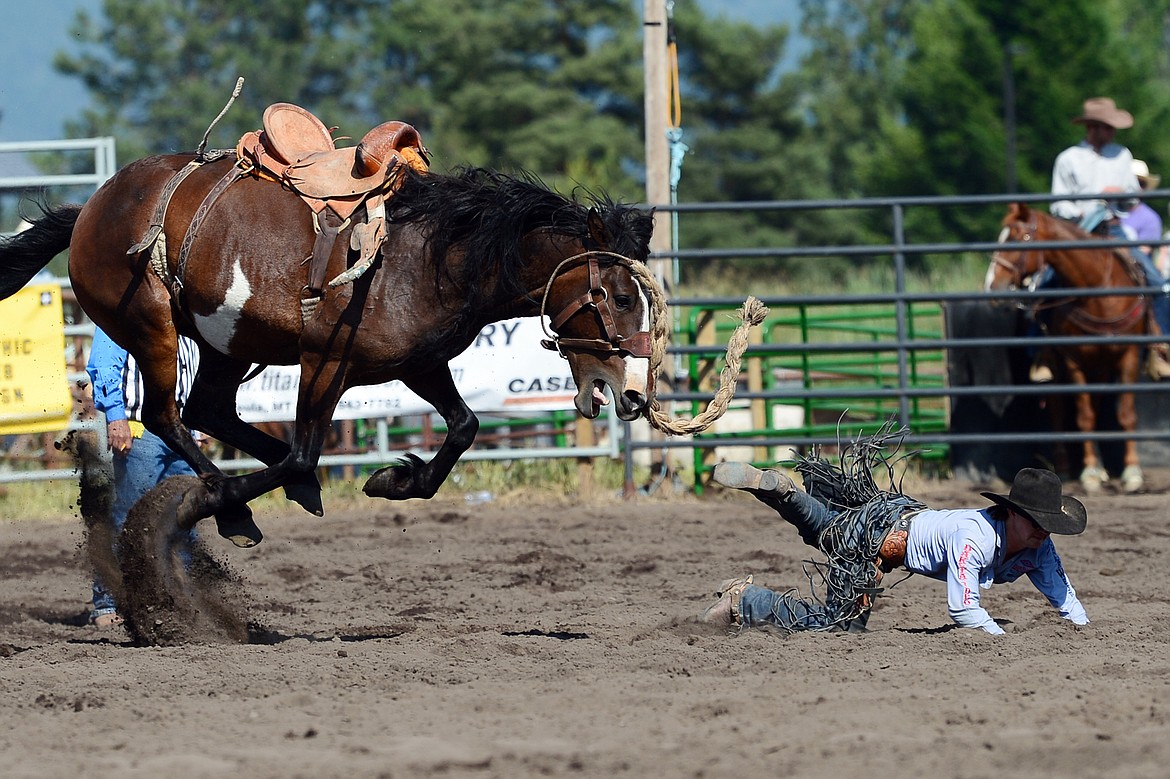 Colt Gordon, of Comanche, Oklahoma, gets thrown from his horse Kool Toddy during saddle bronc riding at the Bigfork Rodeo on Saturday, July 4. (Casey Kreider/Daily Inter Lake)