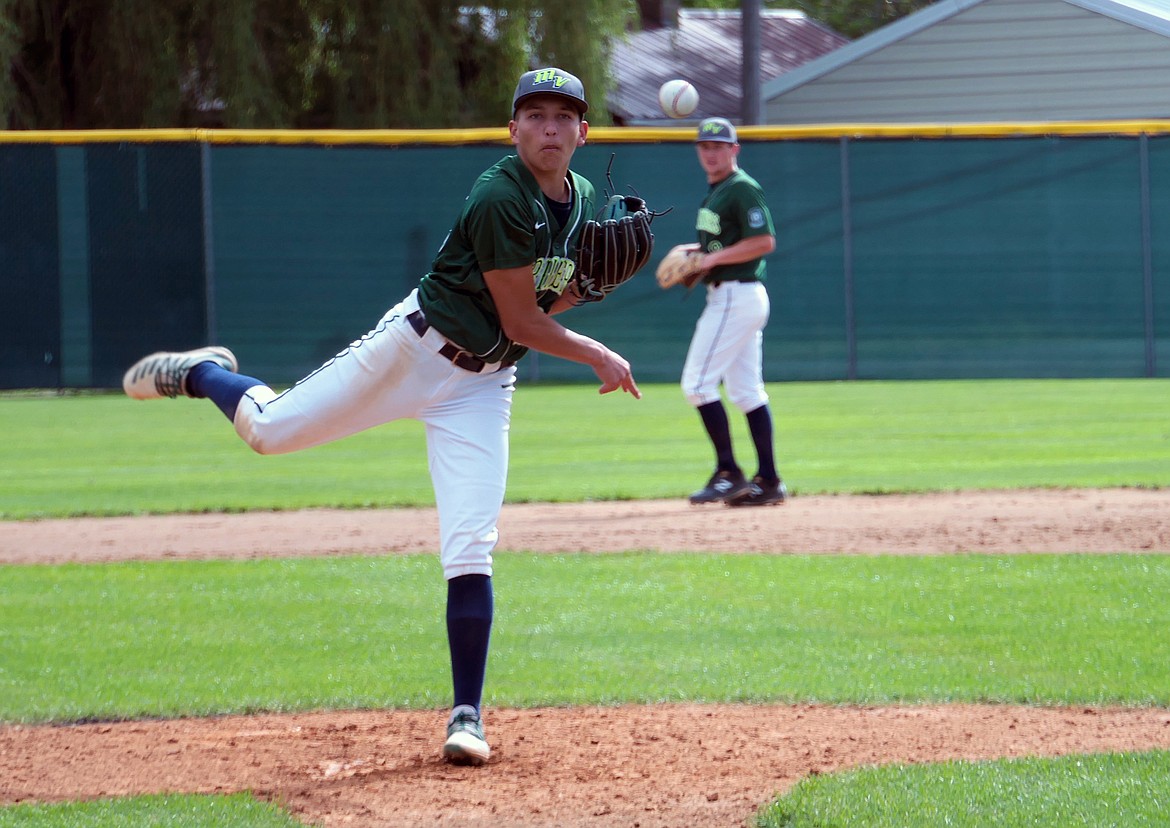 Alex Muzquiz pitches in a game against the Kalispell Lakers on July 1. (Whitney England/Lake County Leader)