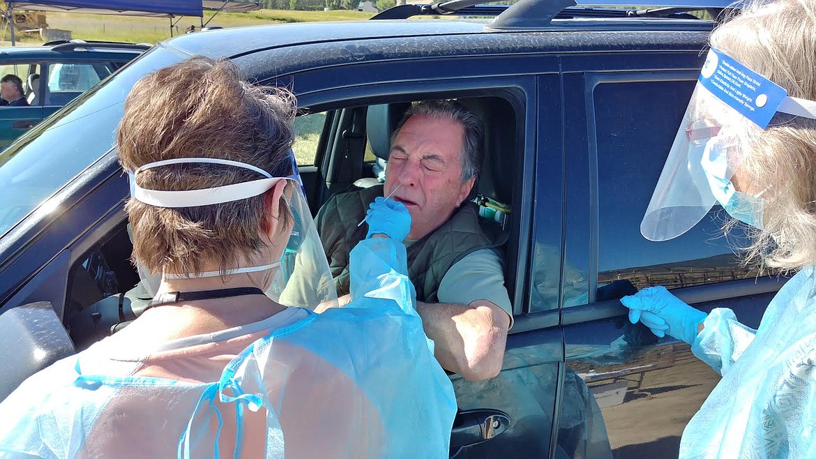 Hot Springs resident James Wray gets swabbed in the nose during last week’s COVID-19 testing event. (Chuck Bandel/Valley Press)