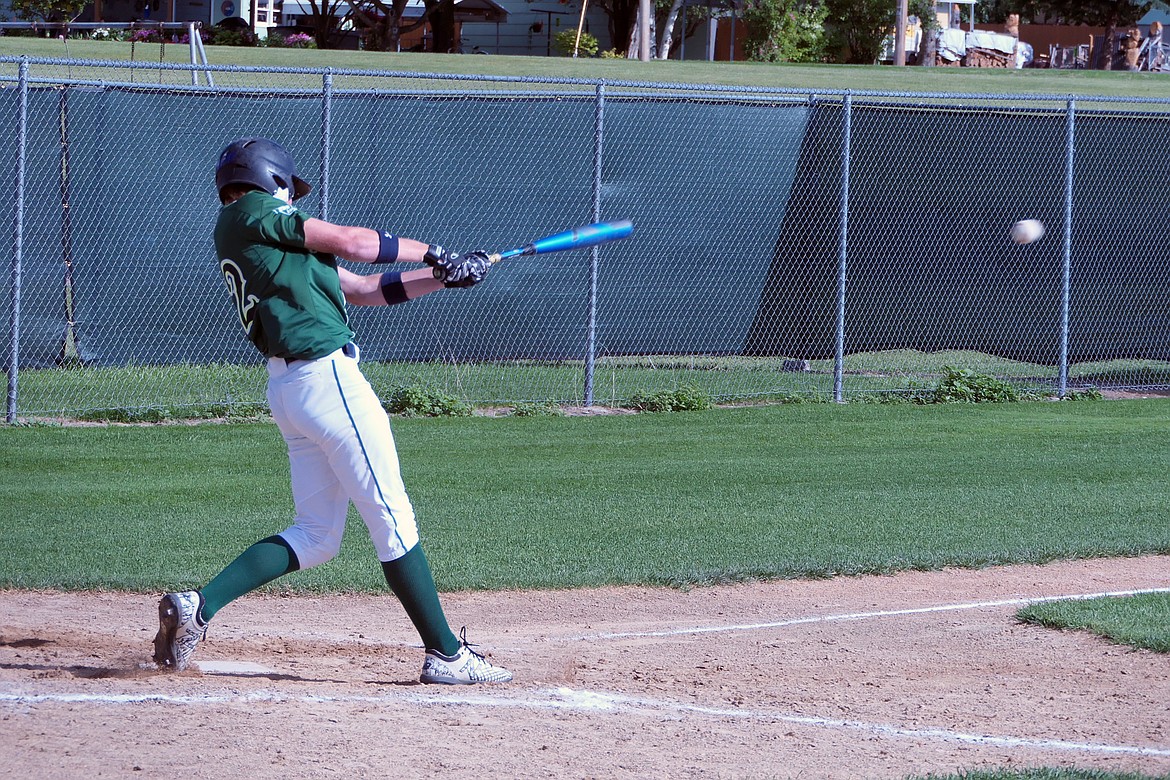 Mission Valley Mariners Dawson Dumont gets a ground hit verses the Missoula Mavericks on Monday, July 13. (Whitney England/Lake County Leader)