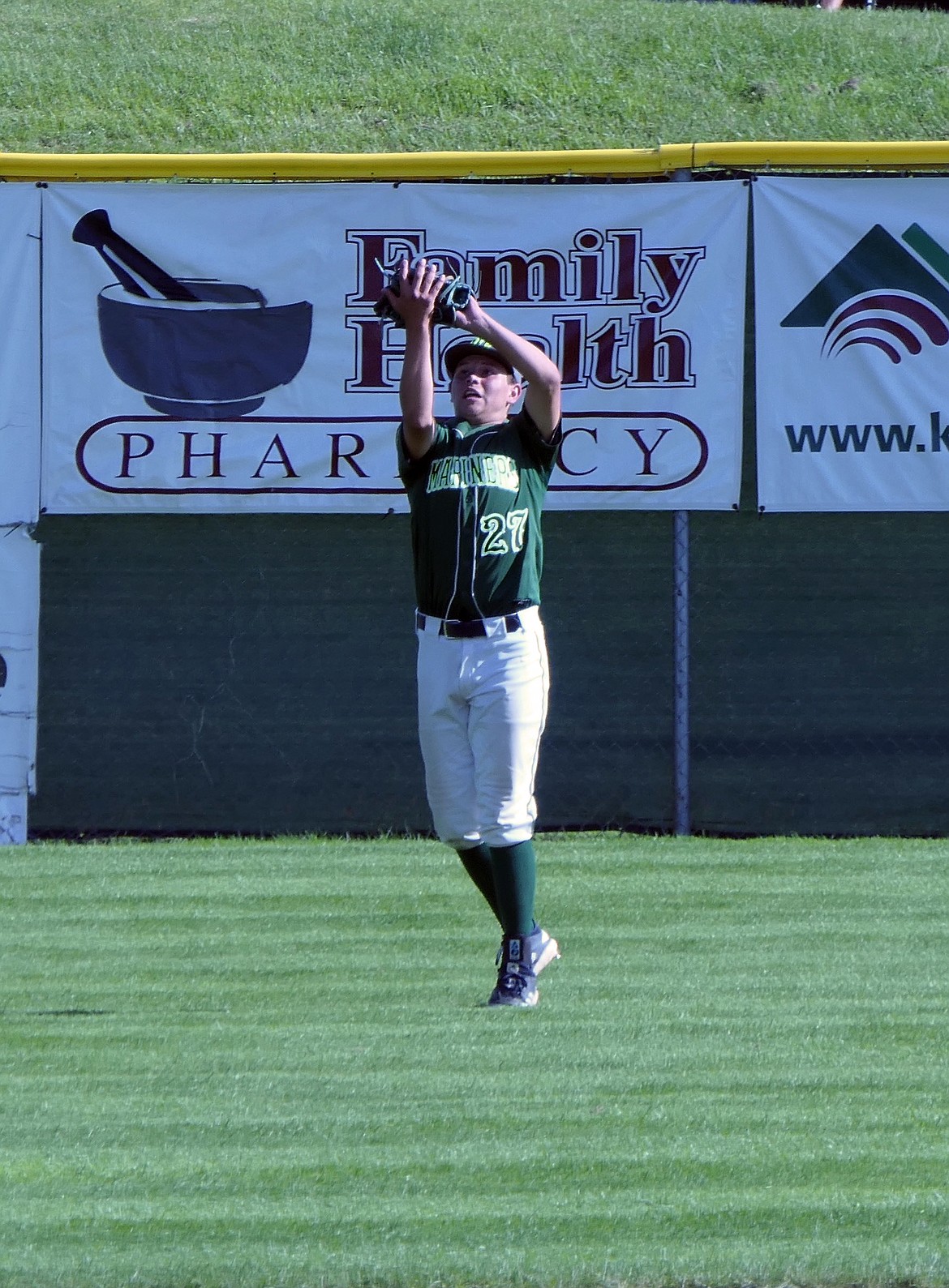 Mission Valley Mariners James Bennett catches a fly ball in a game verses the Missoula Mavericks on Monday, July 13. (Whitney England/Lake County Leader)