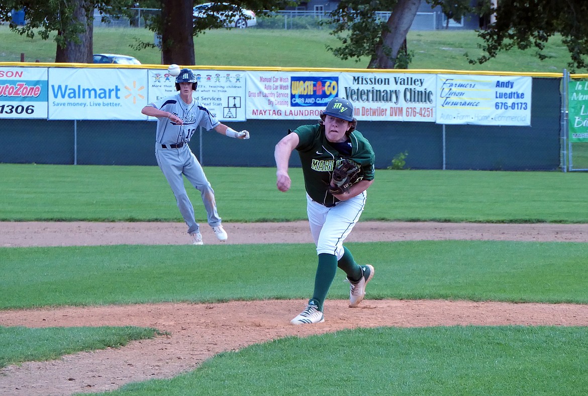 Mission Valley Mariners pitcher Dylan Davis throws a pitch verses the Missoula Mavericks on Monday, July 13. (Whitney England/Lake County Leader)