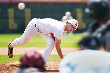 Kalispell Lakers AA pitcher Jack Corriveau delivers to a Belgrade Bandits batter in the top of the fifth inning at Griffin Field on Thursday, July 16. (Casey Kreider/Daily Inter Lake)