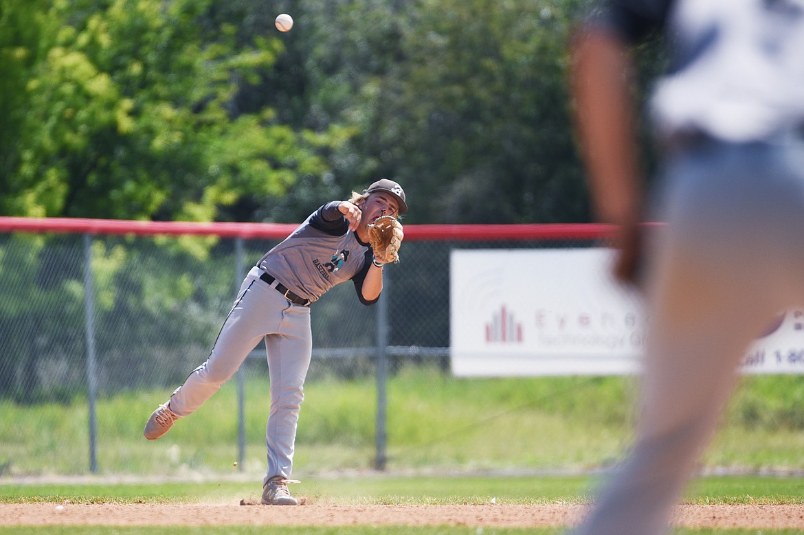 Belgrade Bandits shortstop Lane Neill fields and fires to first against the Kalispell Lakers AA at Griffin Field on Thursday, July 16. (Casey Kreider/Daily Inter Lake)