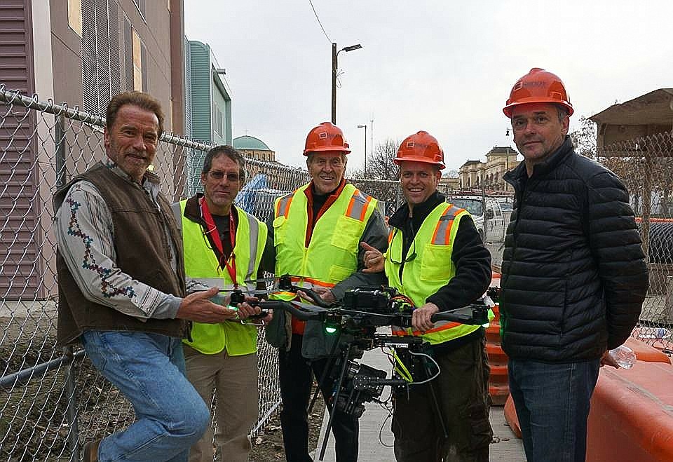 Birds Eye of Big Sky owner Matt Ragan (second from right) on the set of “Aftermath” with Arnold Schwarzenegger. (photo provided)