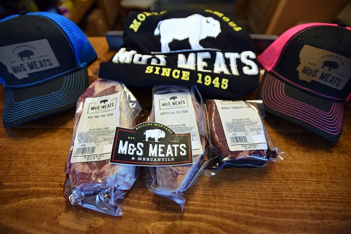 Three popular steaks — the beef New York steak, the buffalo rib eye steak and the buffalo tenderloin steak — among a selection of merchandise at M&S Meats & Mercantile in Kalispell.