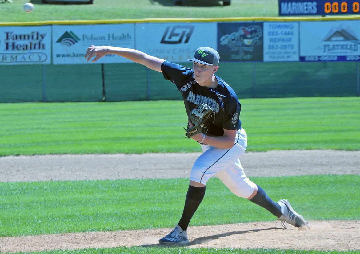 Mariners' Trevor Lake throws a strike in a game against the Glacier Twins on Saturday, July 25. (Whitney England/Lake County Leader)