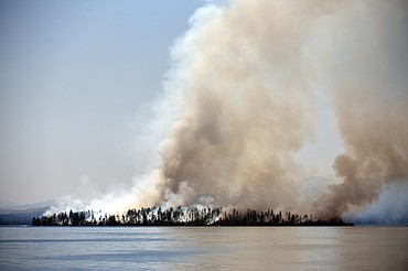 Plumes of smoke rise from a wildfire on Bird Island on Flathead Lake near Finley Point on Tuesday. (Casey Kreider/Daily Inter Lake)