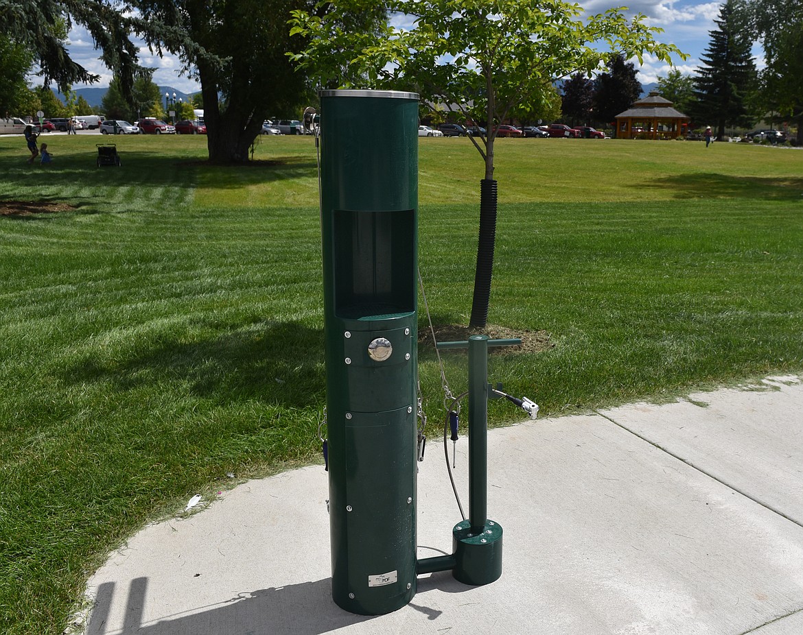 One of the new additions to Depot Park is a bike repair station on the west edge of the park. (Heidi Desch/Whitefish Pilot)