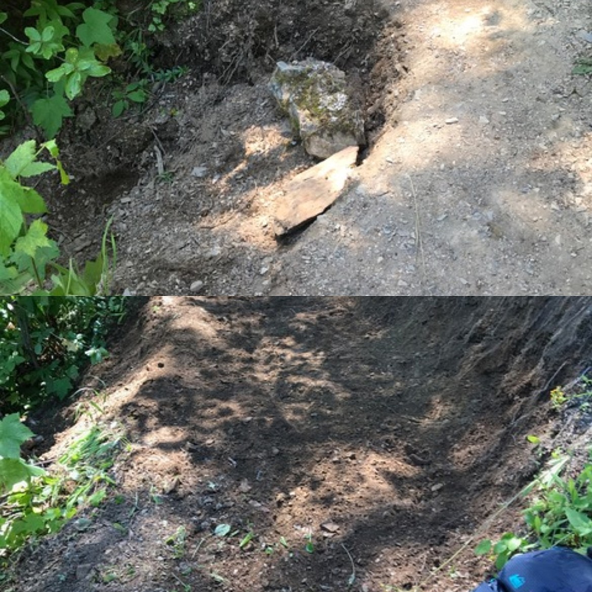 A before and after of a repaired part of the trail.
