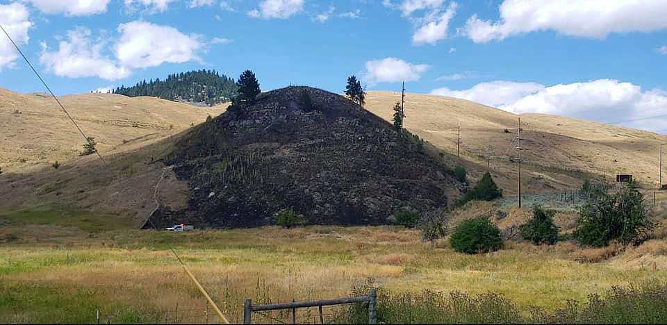 A small bear caused a grass fire northwest of Ravalli after it climbed a power pole, was electrocuted and fell on Sunday, Aug. 9, according to a social media post by the Confederated Salish and Kootenai Tribes Division of Fire. The CSKT Division of Fire and rural fire departments responded and put out the fire. (Confederated Salish and Kootenai Tribes Division of Fire photo)