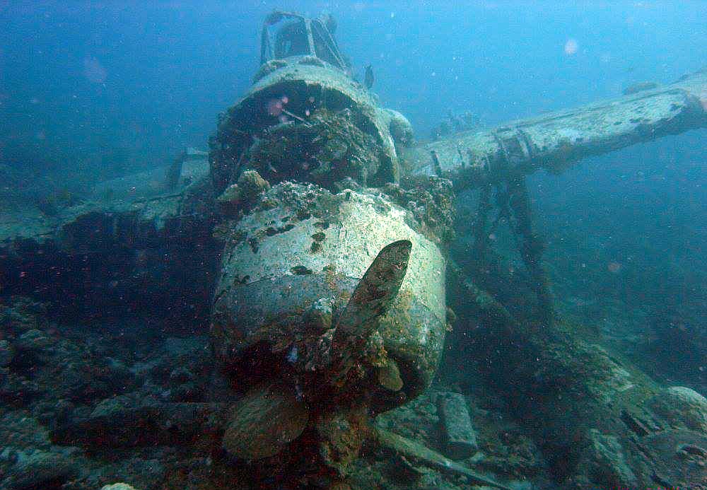 The underwater wreck of a WWII fighter plane.