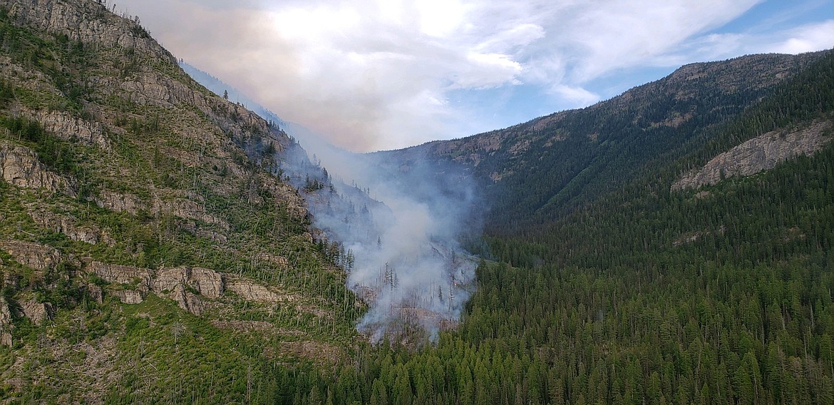The Lion Creek Fire burns in a steep area of the Swan Mountain Range. As of Tuesday evening, the blaze was reported at 75 acres. 
 Courtesy of the U.S. Forest Service