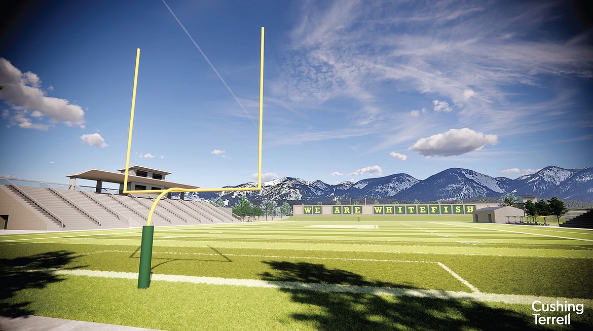 A rendering shows a  football-soccer combination turf game field and grandstands at the future Bulldog Sports Complex. (Rendering by Cushing Terrell)