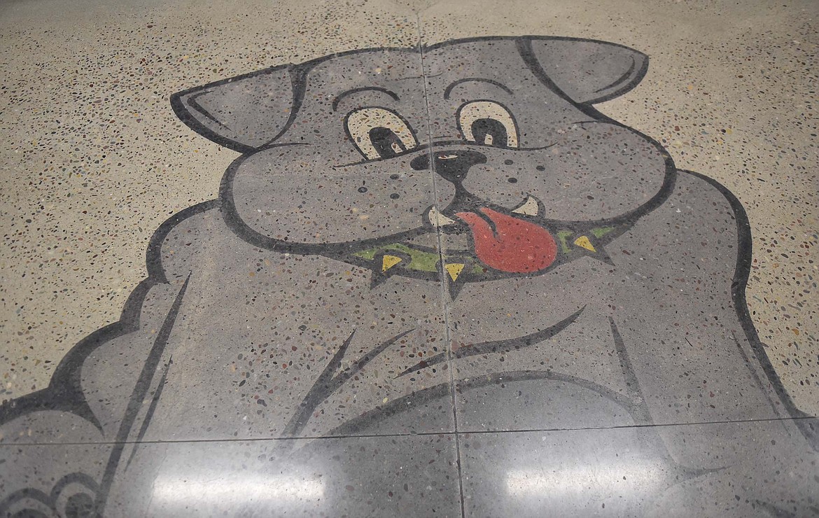 A Bulldog puppy, the mascot for the school, painted on the concrete floor greets visitors near the entrance to Muldown Elementary School. (Heidi Desch/Whitefish Pilot)