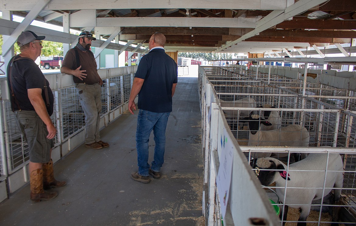 Left to right, Bill Erickson, John Nelson, and Andy Erickson take some time to catch up after dropping off animals for the livestock sale at the Grant County Fairgrounds on Wednesday.