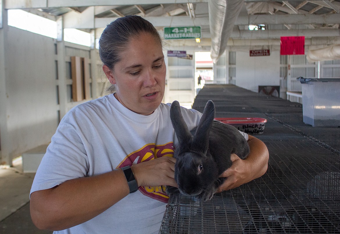 Liane Perkins, a barn superintendent and 4-H rabbit group supervisor, gently picks up one of the rabbits at the Grant County Fairgrounds for this week’s livestock sale.