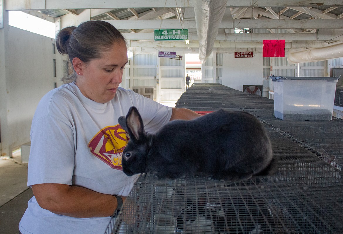 Liane Perkins, barn superintendent and Moses Lake High School teacher, closes one of the cages in the rabbit barn at the Grant County Fairgrounds while one of the market rabbits waits patiently atop the cages on Wednesday afternoon.