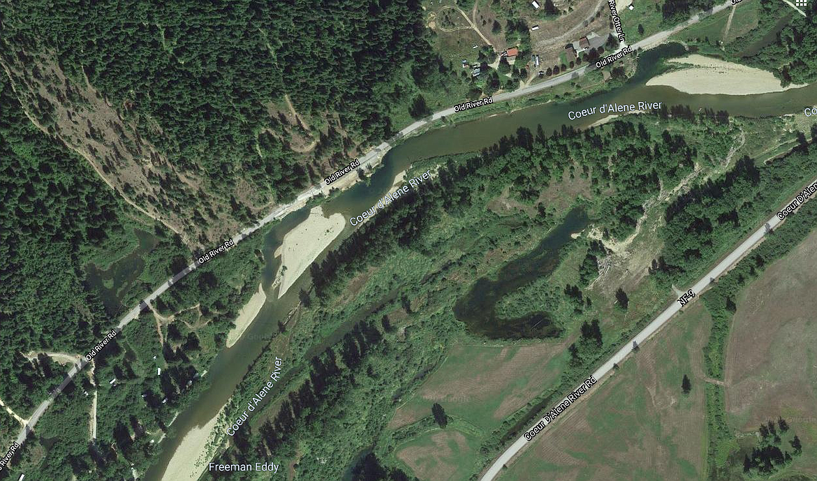 The sand berm on the North Fork of the Coeur d’Alene River in the center of the map is the reported location of the sexual assault on Sunday.