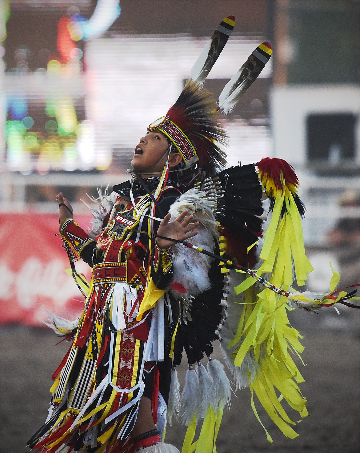 Joshua Skunkcap performs a ceremonial dance before the Indian Relay Races at the Northwest Montana Fair & Rodeo on Friday, Aug. 21. (Casey Kreider/Daily Inter Lake)