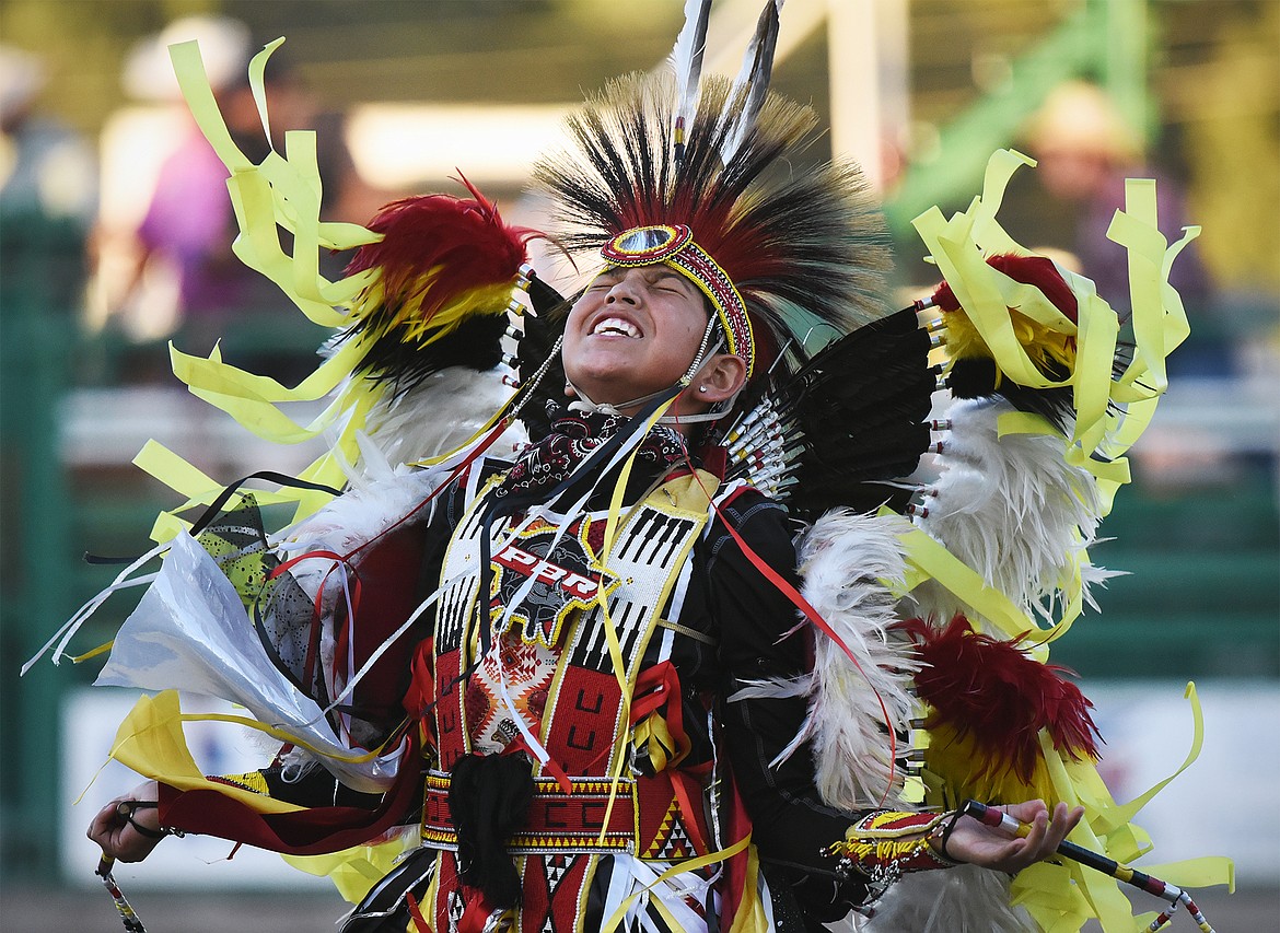 Joshua Skunkcap performs a ceremonial dance before the Indian Relay Races at the Northwest Montana Fair & Rodeo on Saturday, Aug. 22. (Casey Kreider/Daily Inter Lake)