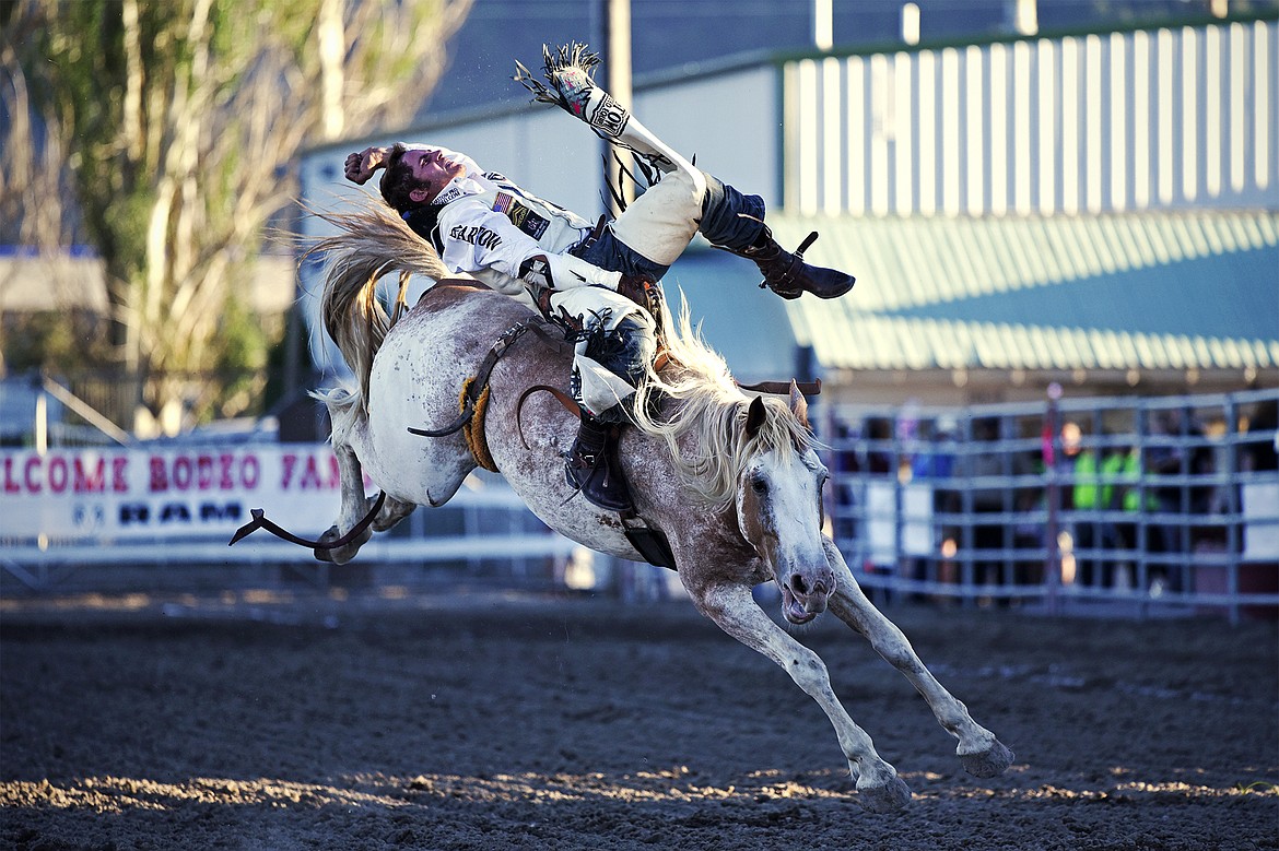 Austin Foss, from Terrebonne, Oregon, rides Southern Comfort during bareback riding at the Northwest Montana Fair & Rodeo on Saturday, Aug. 22. (Casey Kreider/Daily Inter Lake)