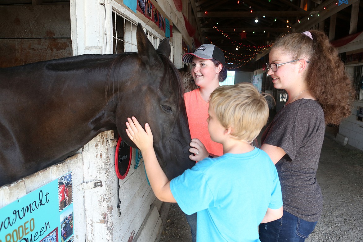 A group of kids give a horse a little love at the Northwest Montana Fair. (Mackenzie Reiss/Daily Inter Lake)