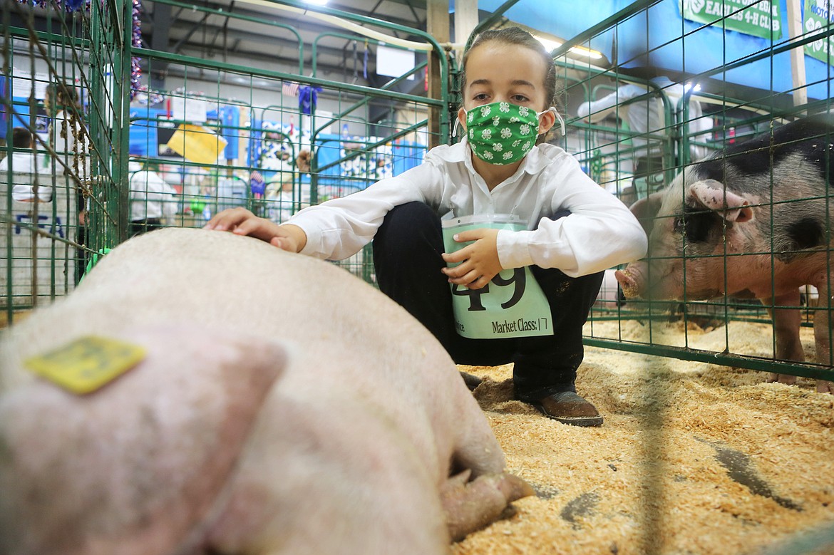 Brooke Lynch, 11, of Kalispell, pets her pig Bailey on Thursday at the Northwest Montana Fair.  (Mackenzie Reiss/Daily Inter Lake)