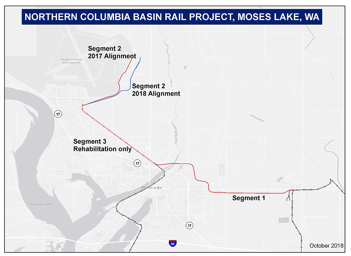Port of Moses Lake/courtesy image 
 A map of the proposed Northern Columbia Basin Railroad project.