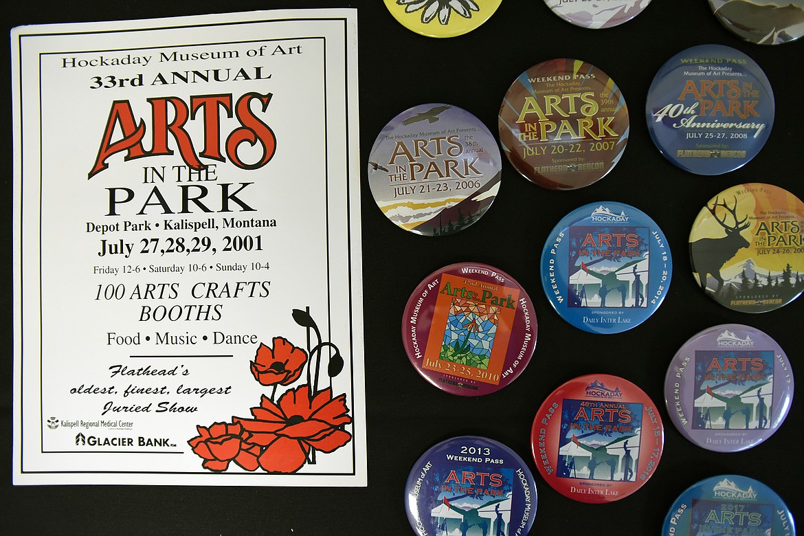 Posters, pins and other memorabilia from past Arts in the Park events on display at the Hockaday Museum of Art in Kalispell on Tuesday, Aug. 25. (Casey Kreider/Daily Inter Lake)