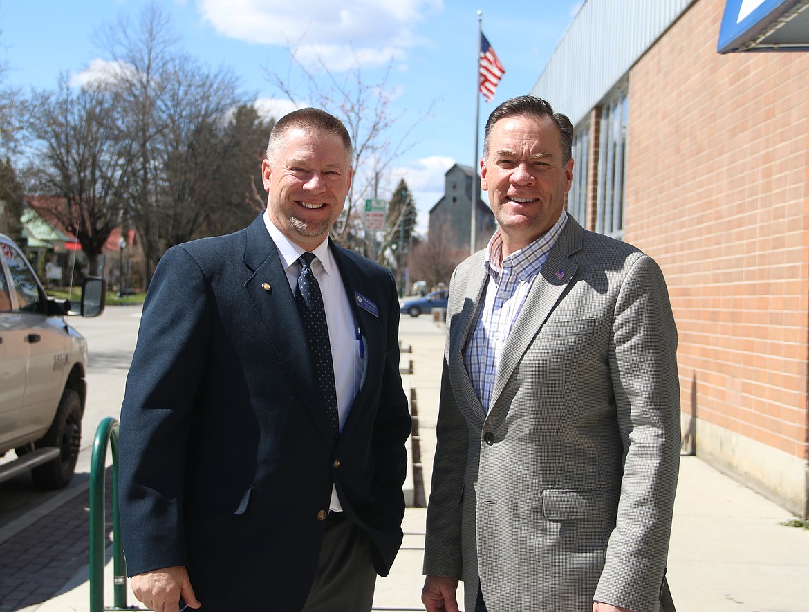 (Daily Bee file photo/MARY MALONE) 
 Idaho Rep. Russ Fulcher, right, and his regional director Tim Kastning, during a visit to Sandpoint in 2019.