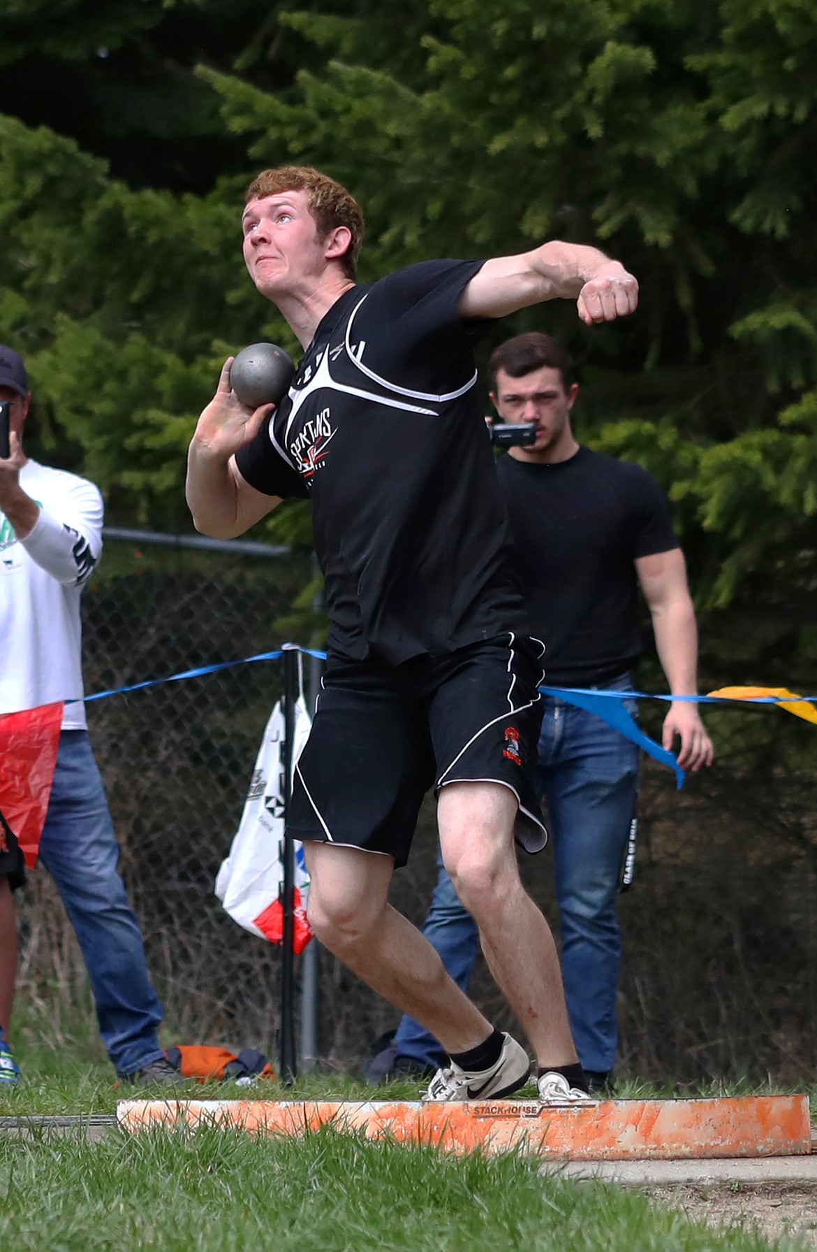 (Photo by KYLE CAJERO) 
 Priest River's Colby Poe throws the shot put during the Priest River Invitational on April 20, 2019. Poe is a finalist for the 3A-1A boys track award.