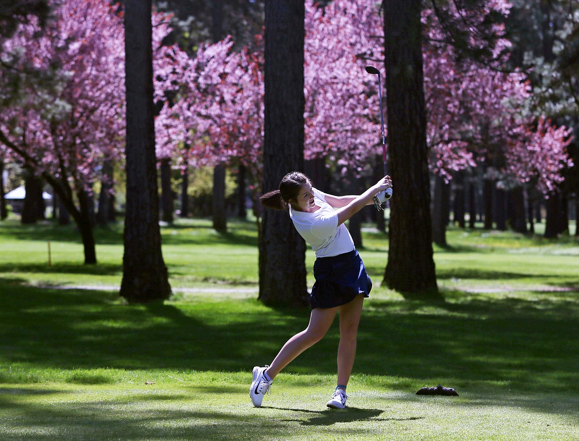 Lake City High’s Kyla Currie hits a drive on the fifth hole during the 5A Region 1 golf tournament in 2019 at the Coeur d’Alene Golf Club.