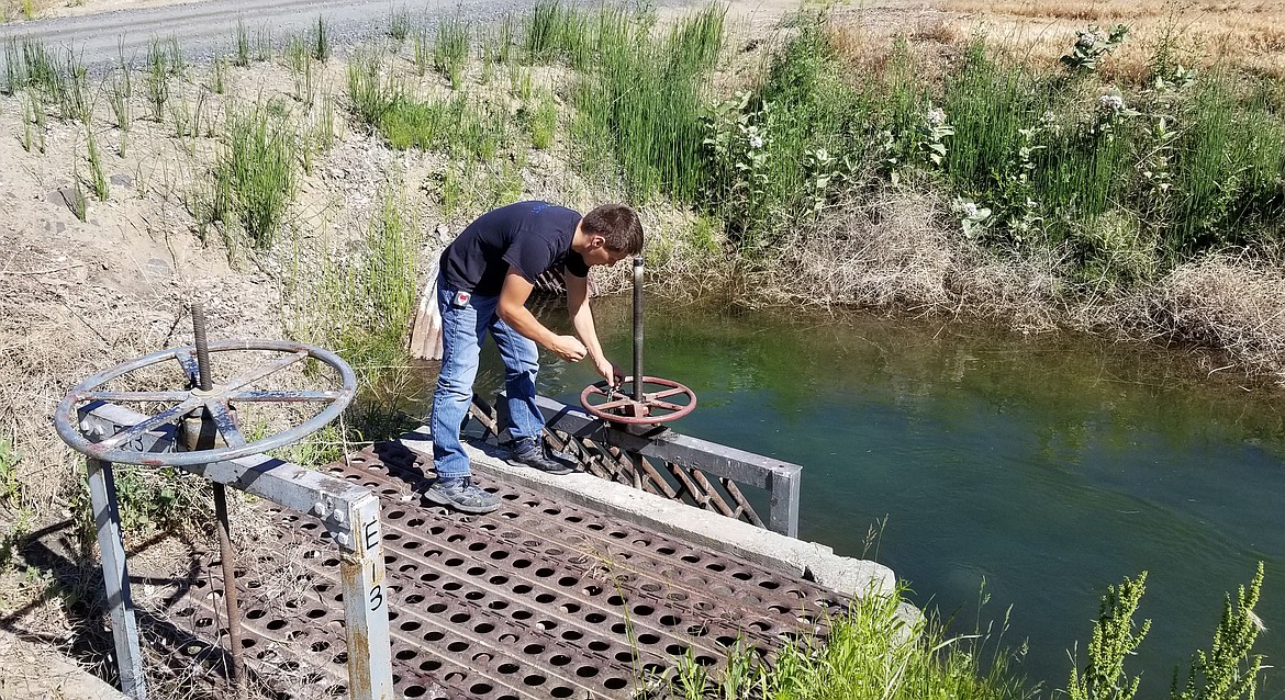 Nate Volkov locks up a weir after sending water down a pipeline to a lower ditch.