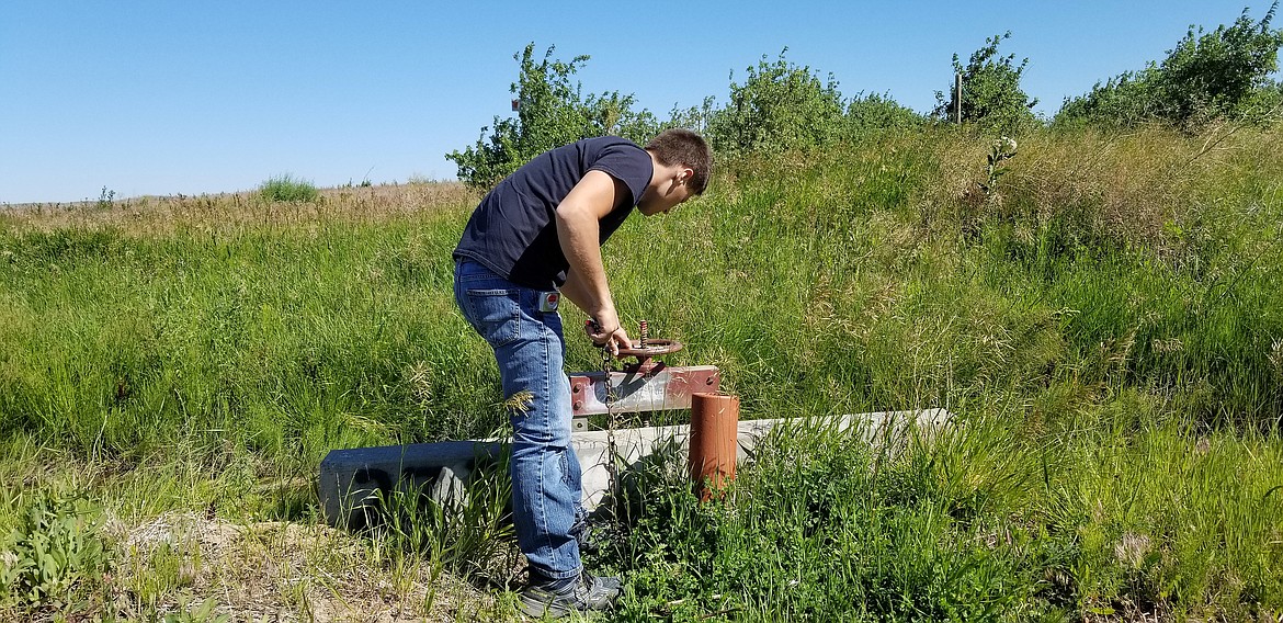 Nate Volkov gives water to a farmer whose weir is along a weedy section of ditch.