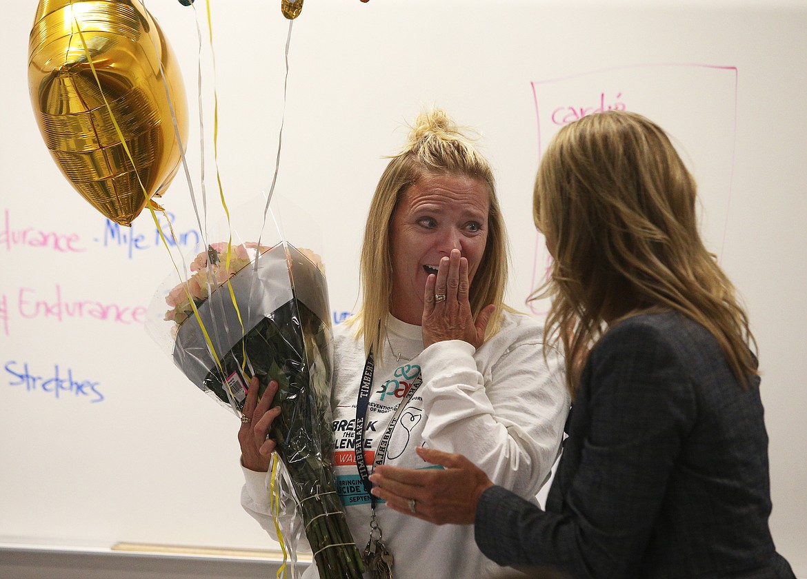 Timberlake Junior High teacher Stacie Lawler reacts to being named 2020 Idaho Teacher of the Year. Lawler was later singled out by Gov. Brad Little during his State of the State address Jan. 6 and re