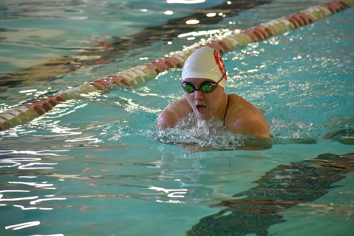 (Photo by DYLAN GREENE) Junior Kate Bokowy swims the breaststroke portion of the girls 200 individual medley Sept. 28 at Litehouse YMCA. Bokowy is a finalist for the girls swimming award.