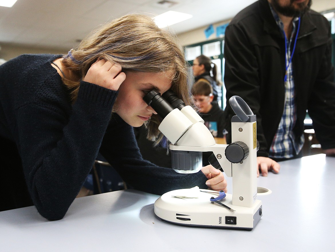 Seventh grade student Fiona Michael uses a microscope to see ancient fossils embedded in a rock during class at Woodland Middle School in January. Gov. Brad Little has provided guidelines for local school districts to reopen amid the COVID-19 pandemic. (LOREN BENOIT/Press File)