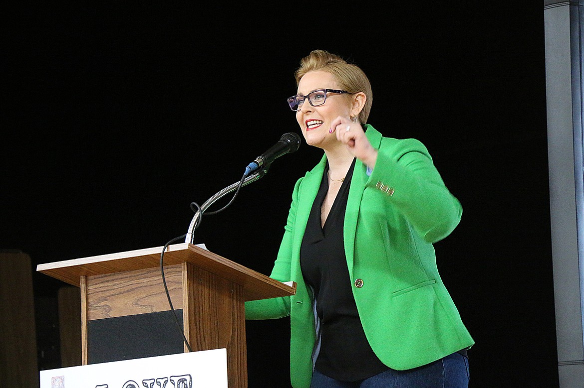 (Photo by CAROLINE LOBSINGER) 
 Rebecca Schroeder, executive director of Reclaim Idaho, gets fired up at the 2020 N. Idaho Women's March as she talks about the organization's newest initiative, "Invest in Idaho."